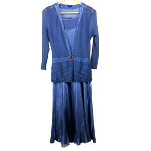KOMAROV Dress Set sz M Blue Crinkle Knit Beaded Embellished Glam Old Hollywood